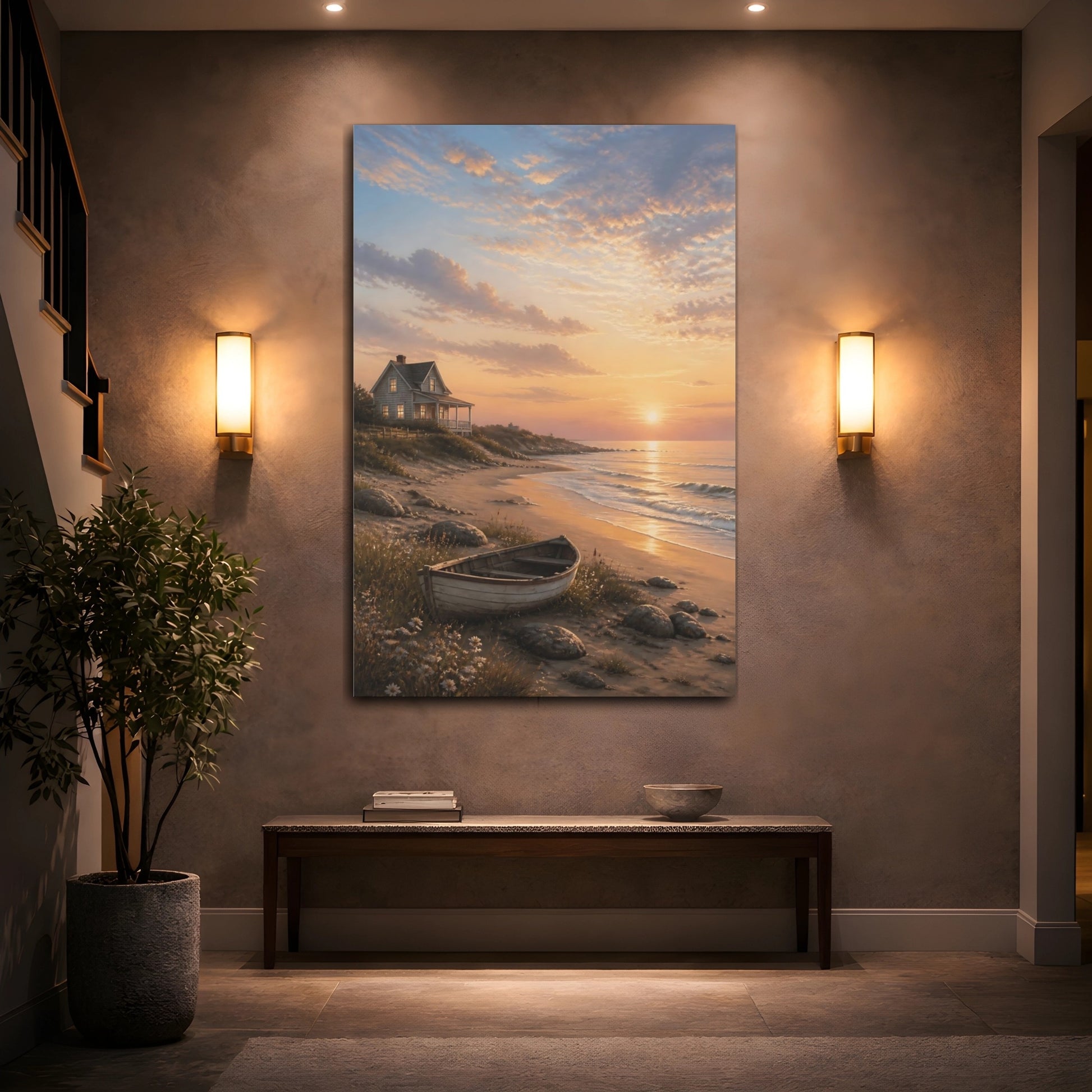 Mockup 2. Nature Coastal Sunset Coastal Sunset shown as stretched canvas wall art