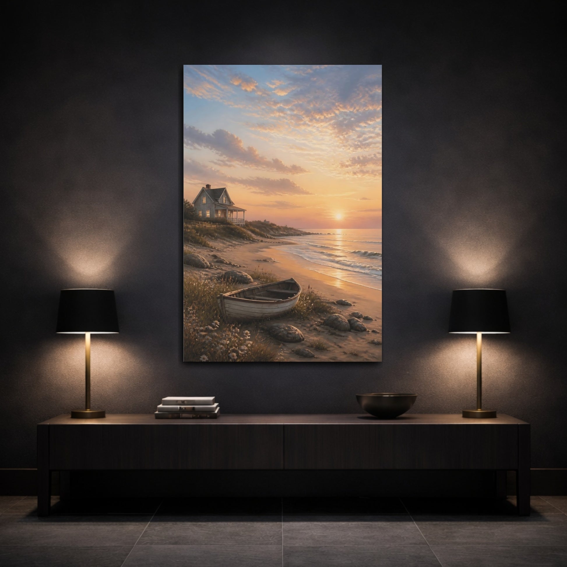 Mockup 3. Nature Coastal Sunset Coastal Sunset shown as stretched canvas wall art