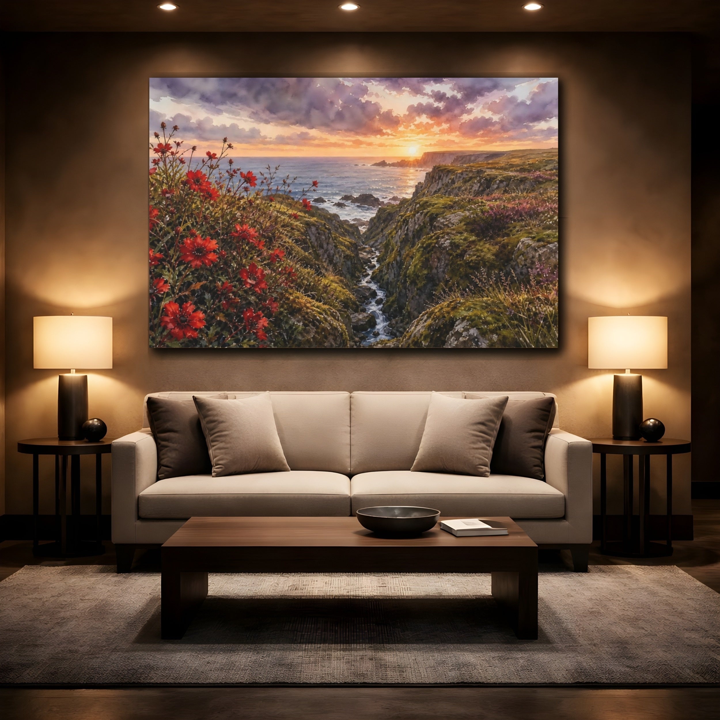 Mockup 2. Nature Coastal Sunset Dramatic Coastal Sunset shown as stretched canvas wall art