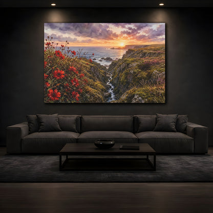 Mockup 3. Nature Coastal Sunset Dramatic Coastal Sunset shown as stretched canvas wall art