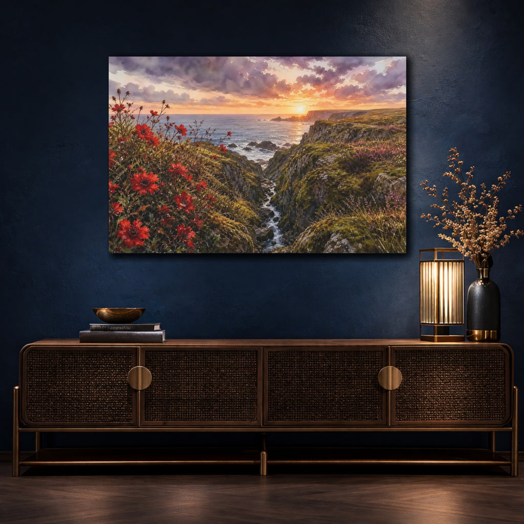 Mockup 4. Nature Coastal Sunset Dramatic Coastal Sunset shown as stretched canvas wall art