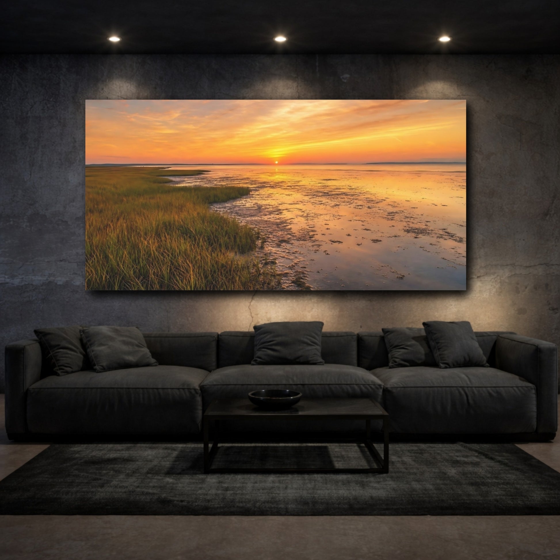 Mockup 3. Nature Coastal Sunset Golden Sunset Landscape shown as stretched canvas wall art