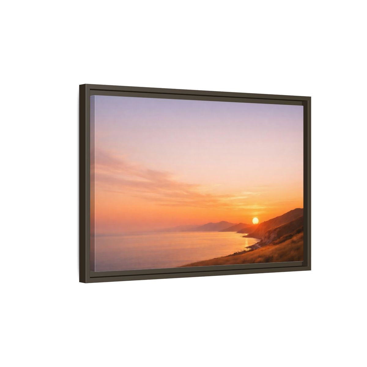 Side Mockup 2. Nature Coastal Sunset Orange And Purple shown as stretched canvas wall art