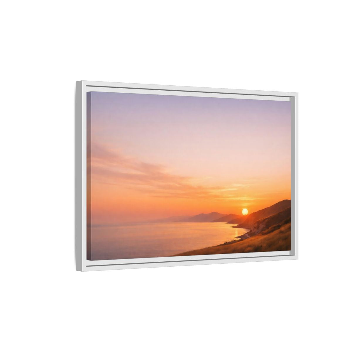 Side Mockup 1. Nature Coastal Sunset Orange And Purple shown as stretched canvas wall art
