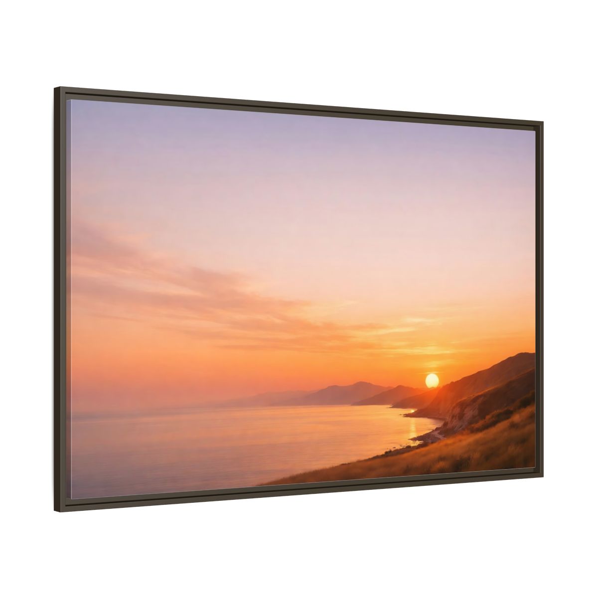 Side Mockup 8. Nature Coastal Sunset Orange And Purple shown as stretched canvas wall art