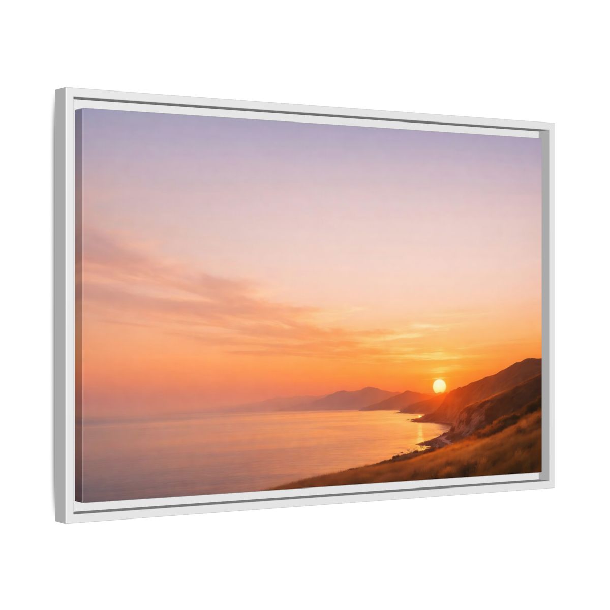 Side Mockup 10. Nature Coastal Sunset Orange And Purple shown as stretched canvas wall art