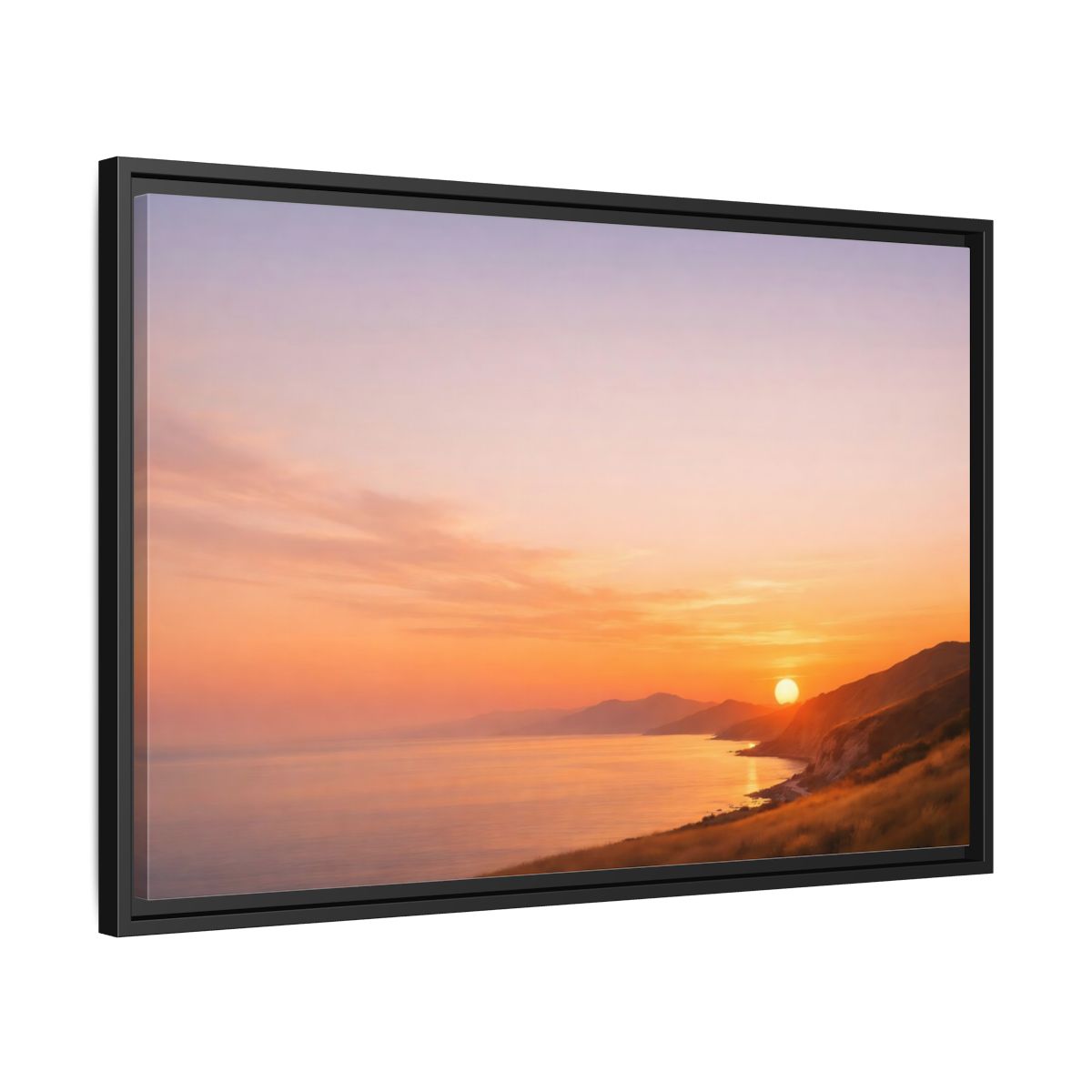 Side Mockup 14. Nature Coastal Sunset Orange And Purple shown as stretched canvas wall art