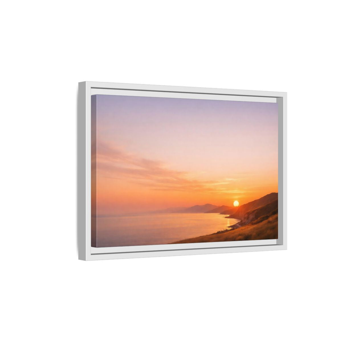 Side Mockup 4. Nature Coastal Sunset Orange And Purple shown as stretched canvas wall art