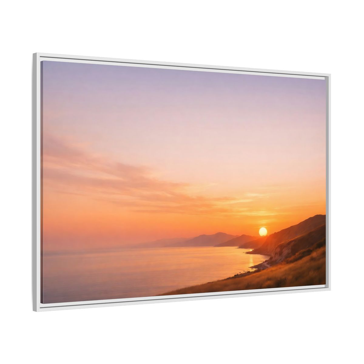 Side Mockup 7. Nature Coastal Sunset Orange And Purple shown as stretched canvas wall art