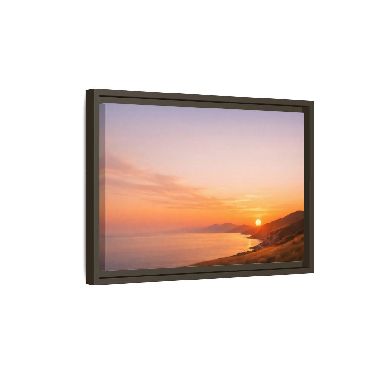 Side Mockup 5. Nature Coastal Sunset Orange And Purple shown as stretched canvas wall art