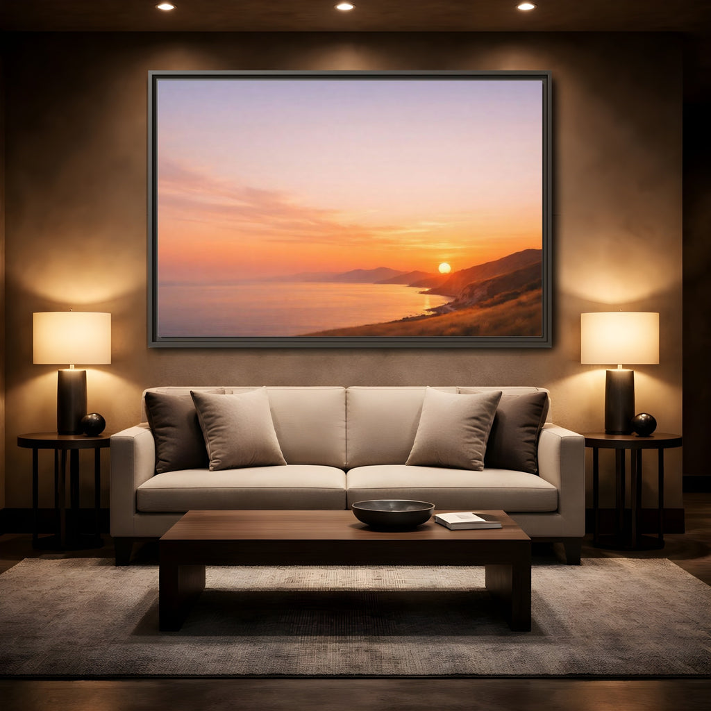Mockup 2. Nature Coastal Sunset Orange And Purple shown as stretched canvas wall art