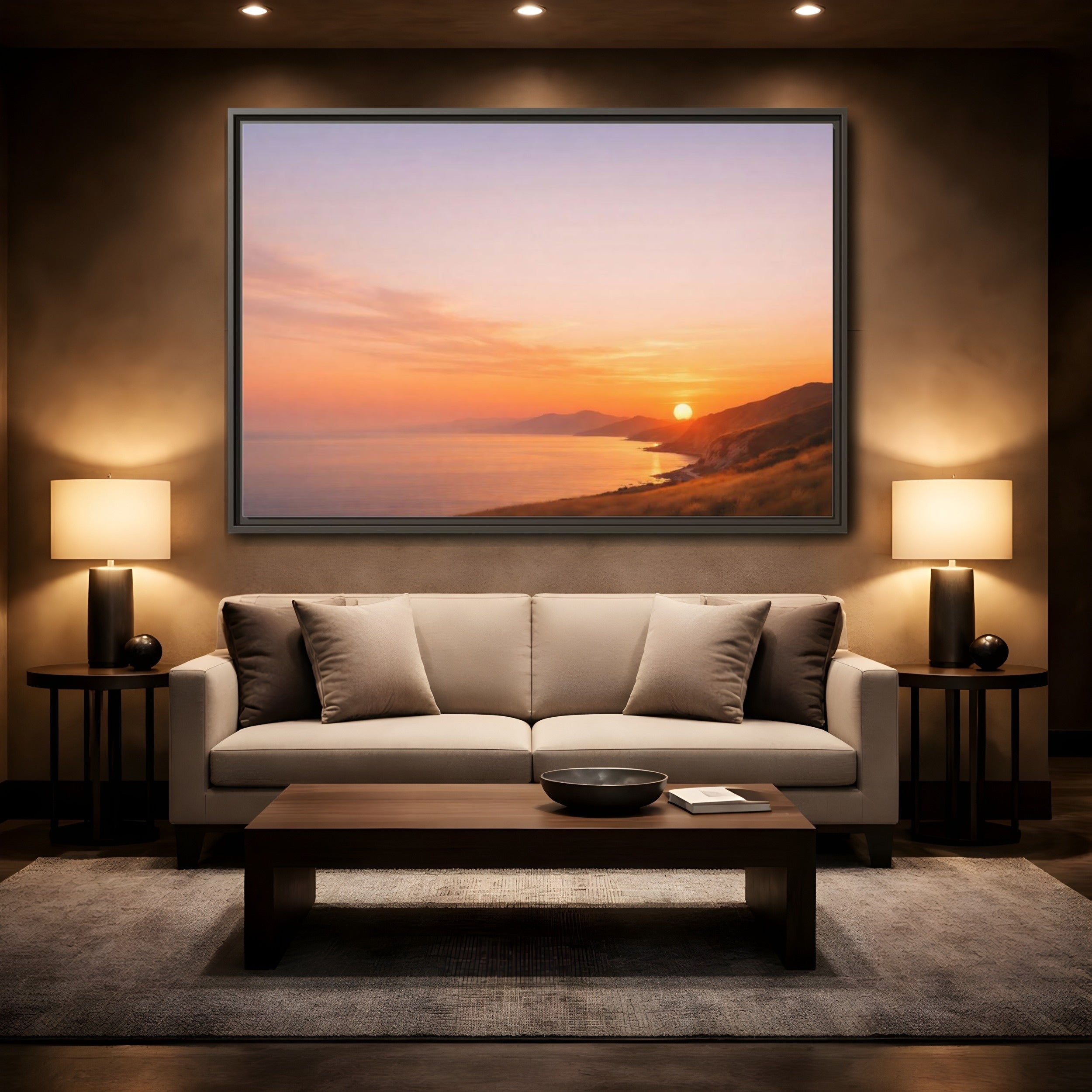 Mockup 2. Nature Coastal Sunset Orange And Purple shown as stretched canvas wall art