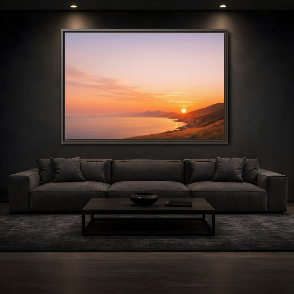 Mockup 3. Nature Coastal Sunset Orange And Purple shown as stretched canvas wall art