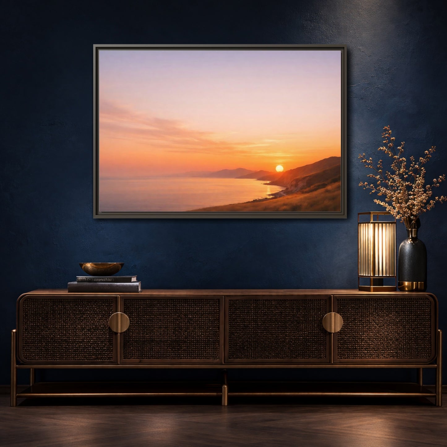 Mockup 4. Nature Coastal Sunset Orange And Purple shown as stretched canvas wall art
