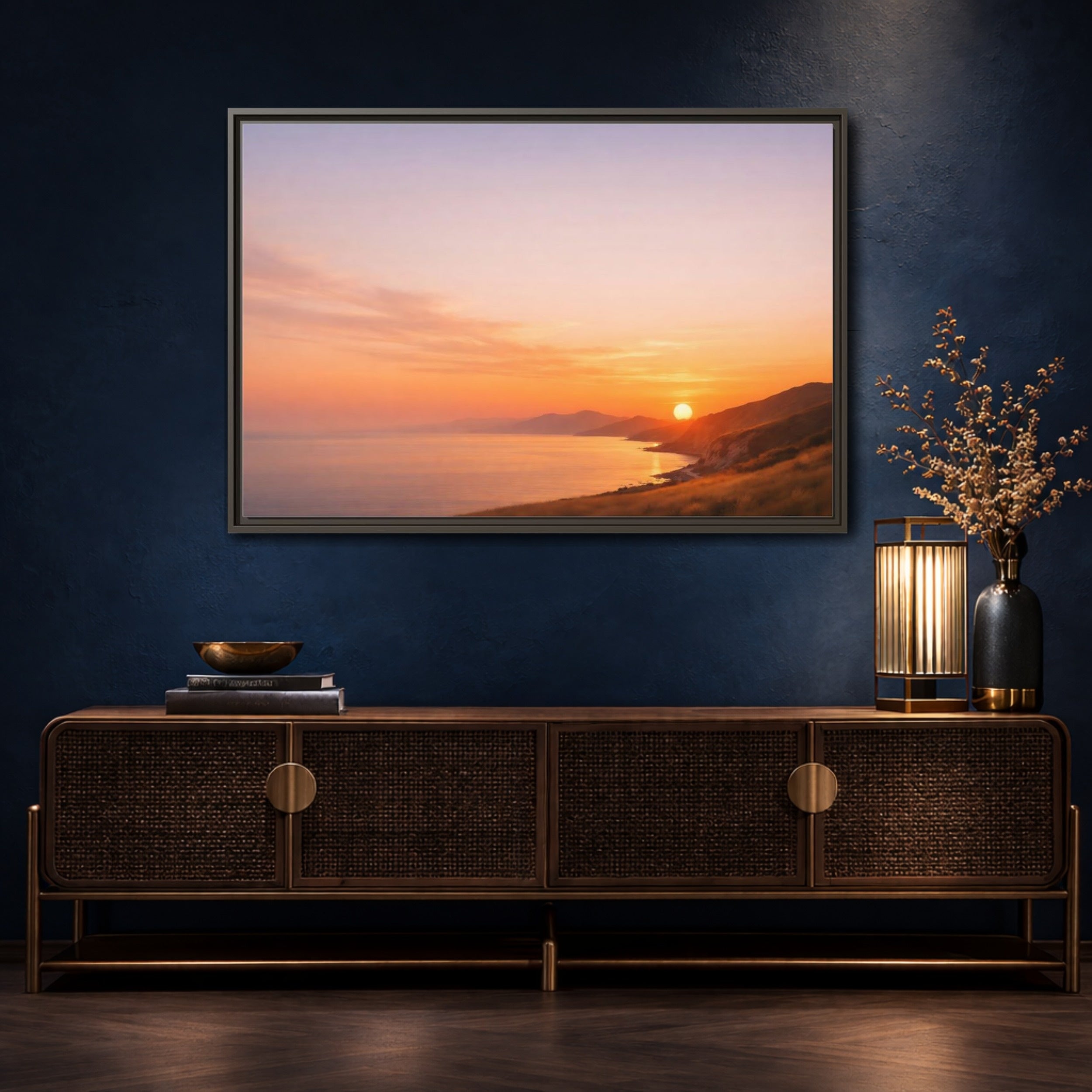 Mockup 4. Nature Coastal Sunset Orange And Purple shown as stretched canvas wall art