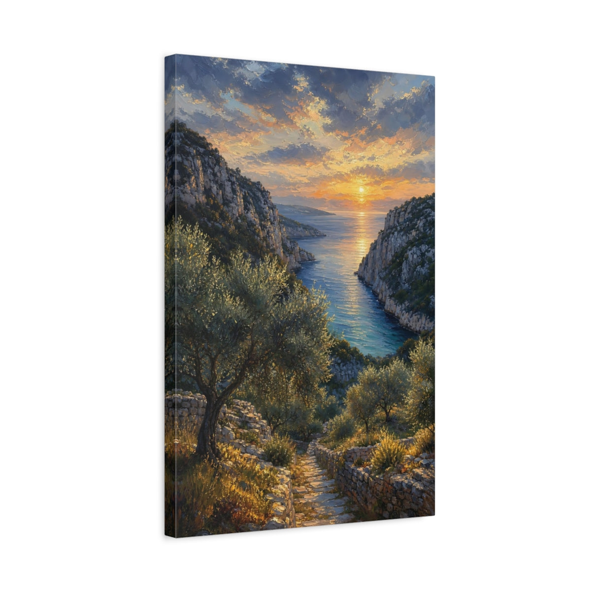 Side Mockup 3. Nature Coastal Sunset Orange Blue Sunset shown as stretched canvas wall art