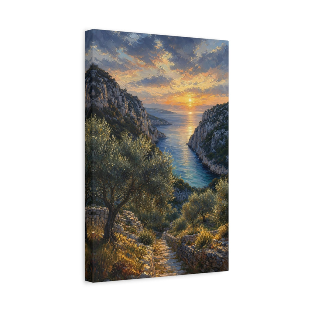 Side Mockup 4. Nature Coastal Sunset Orange Blue Sunset shown as stretched canvas wall art