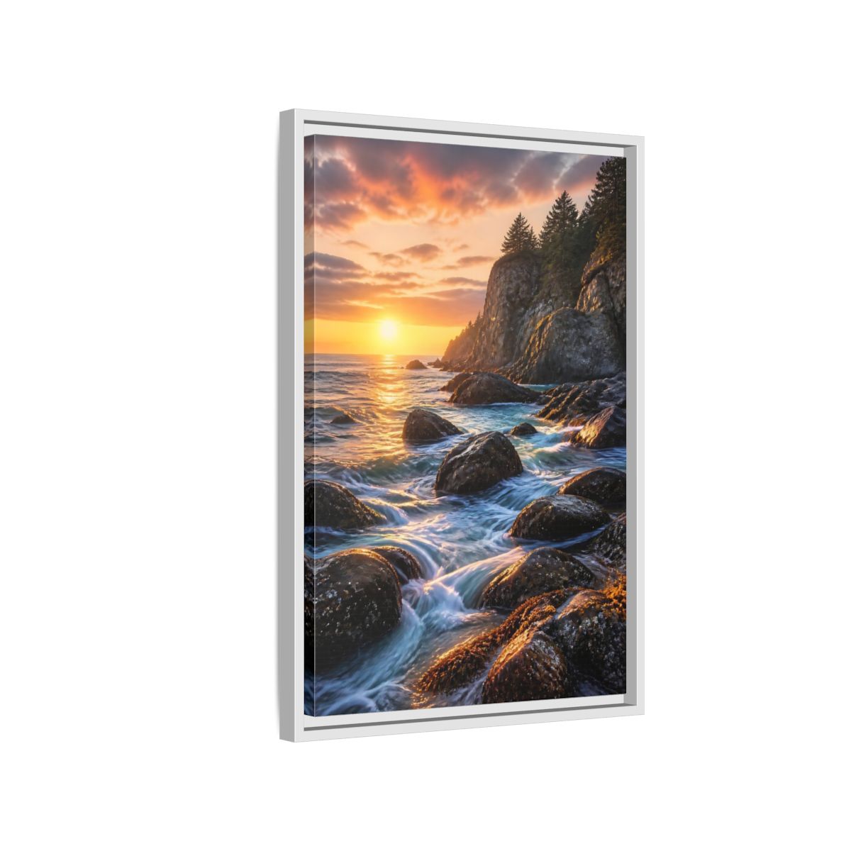 Side Mockup 1. Nature Coastal Sunset Orange Blue Sunset shown as stretched canvas wall art