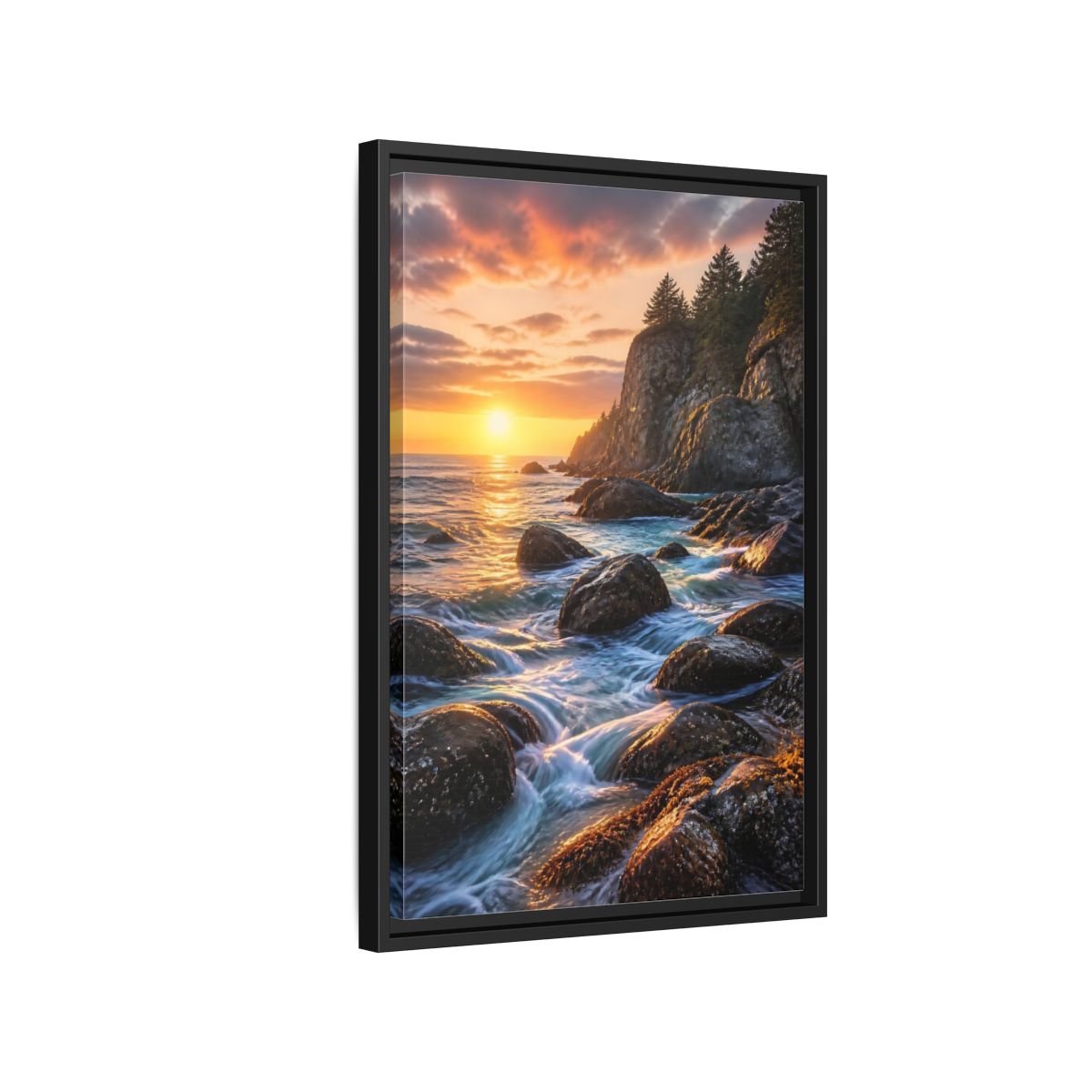 Side Mockup 3. Nature Coastal Sunset Orange Blue Sunset shown as stretched canvas wall art