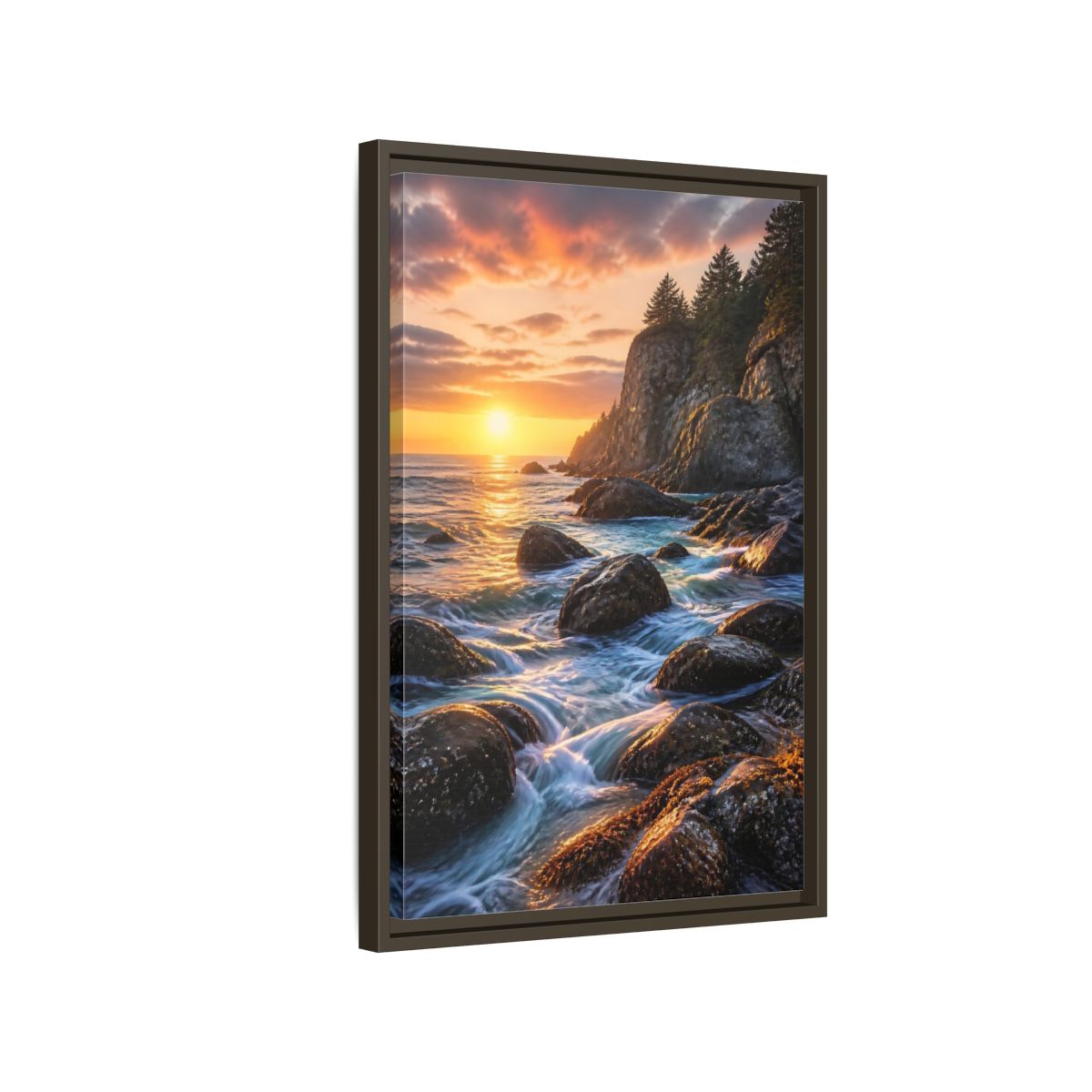 Side Mockup 2. Nature Coastal Sunset Orange Blue Sunset shown as stretched canvas wall art