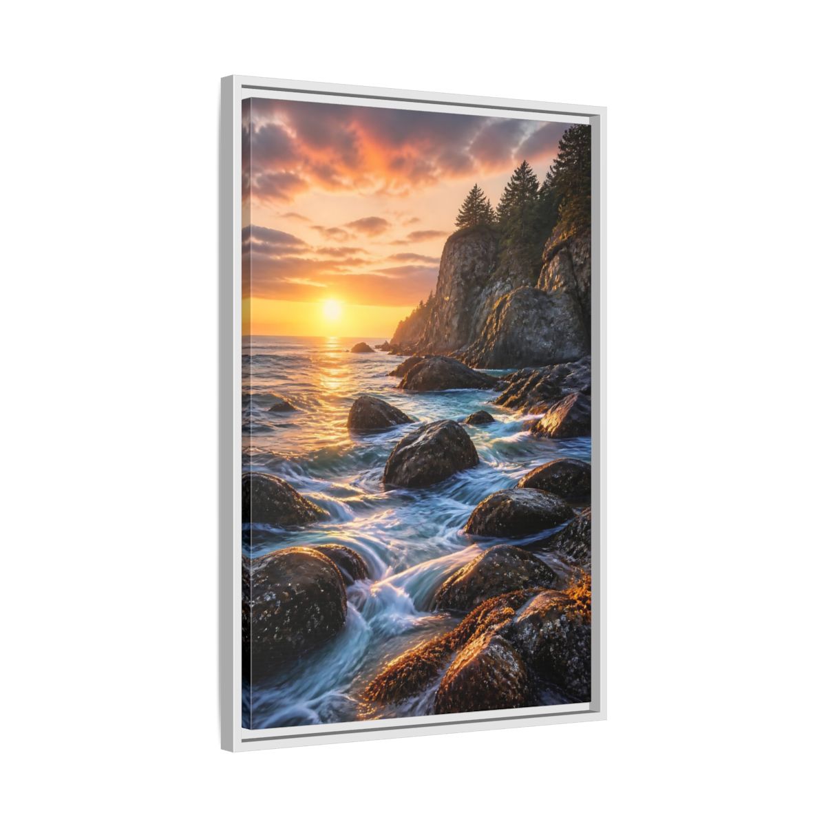Side Mockup 10. Nature Coastal Sunset Orange Blue Sunset shown as stretched canvas wall art