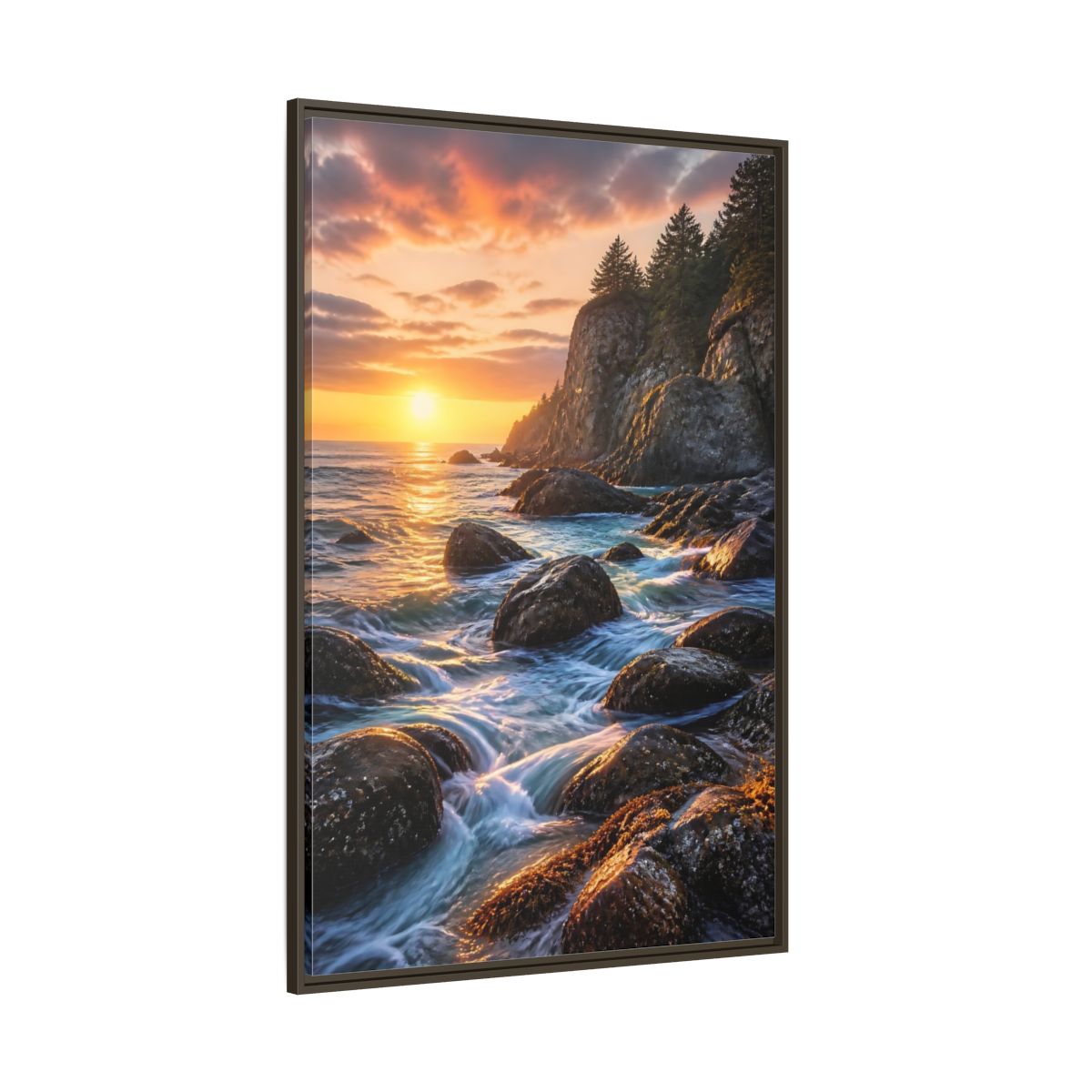 Side Mockup 8. Nature Coastal Sunset Orange Blue Sunset shown as stretched canvas wall art