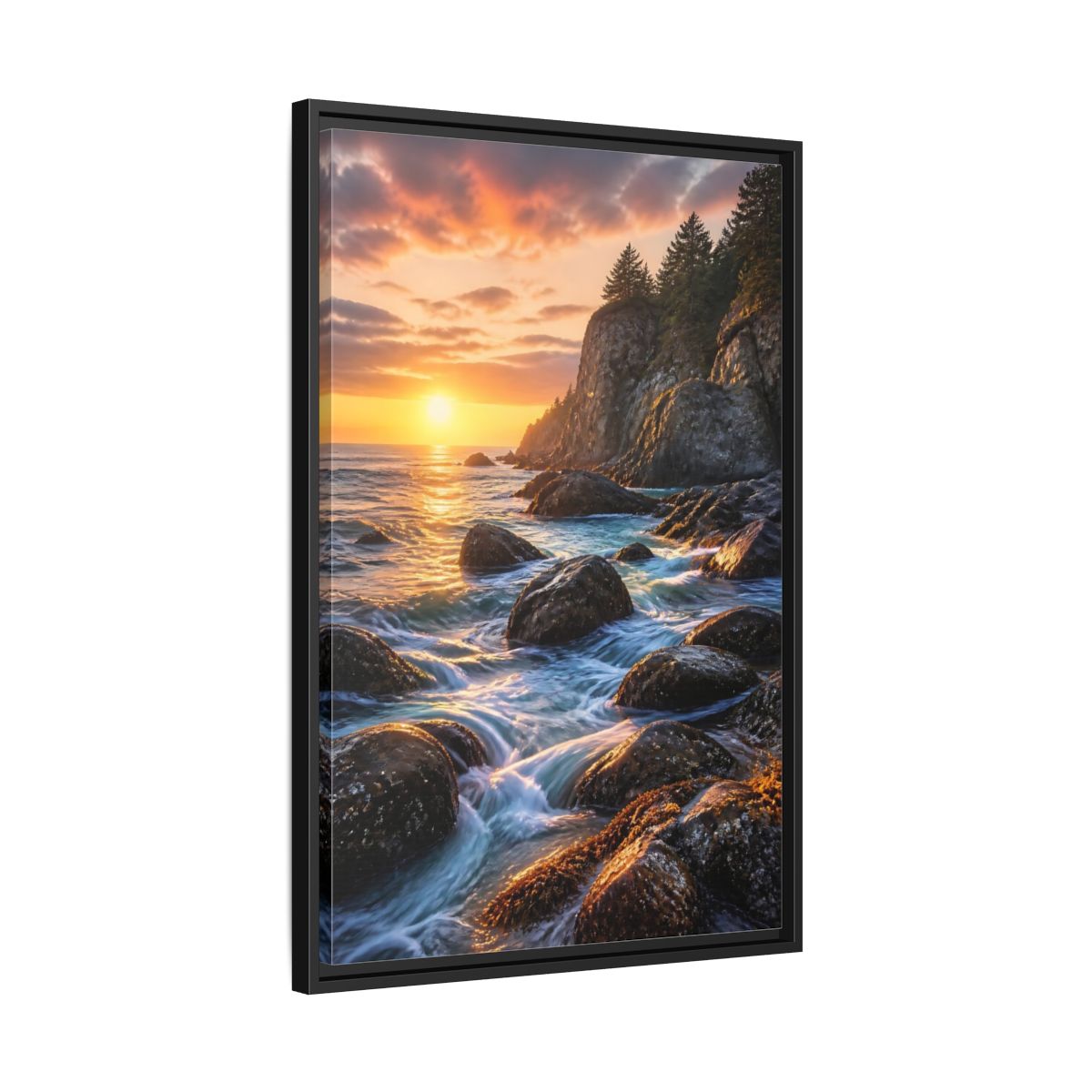 Side Mockup 14. Nature Coastal Sunset Orange Blue Sunset shown as stretched canvas wall art