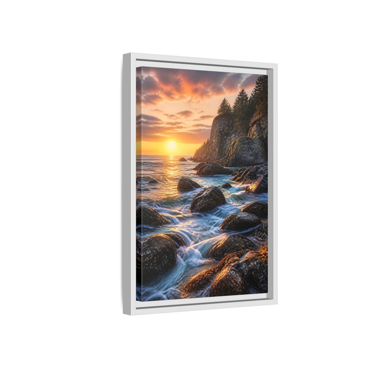 Side Mockup 4. Nature Coastal Sunset Orange Blue Sunset shown as stretched canvas wall art