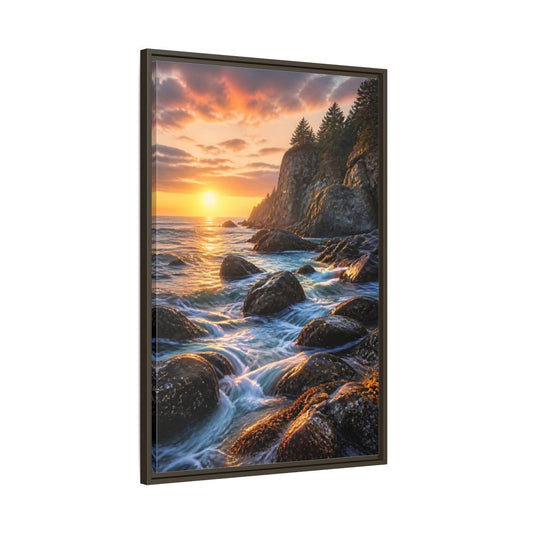 Main Mockup. Nature Coastal Sunset Orange Blue Sunset shown as stretched canvas wall art