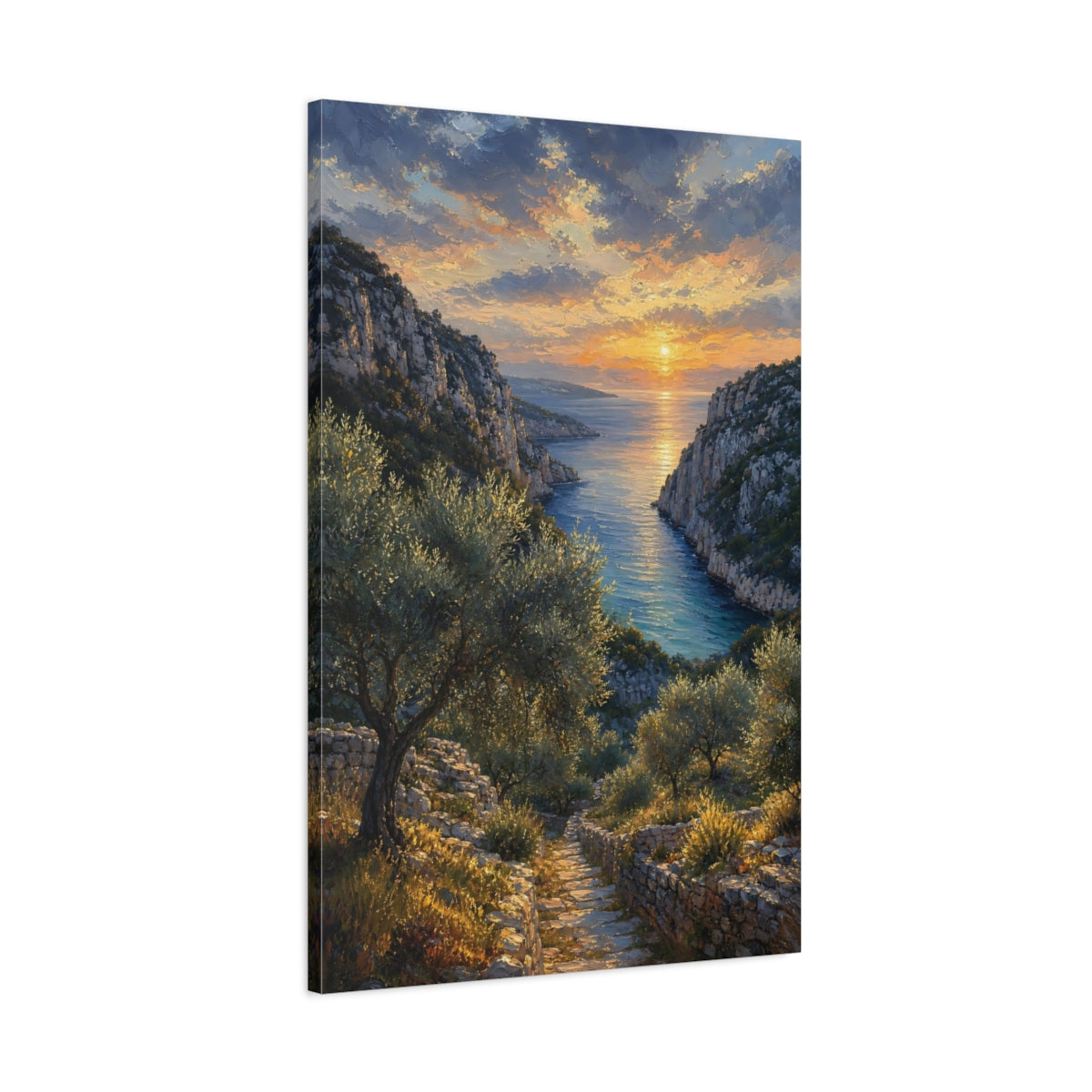 Main Mockup. Nature Coastal Sunset Orange Blue Sunset shown as stretched canvas wall art