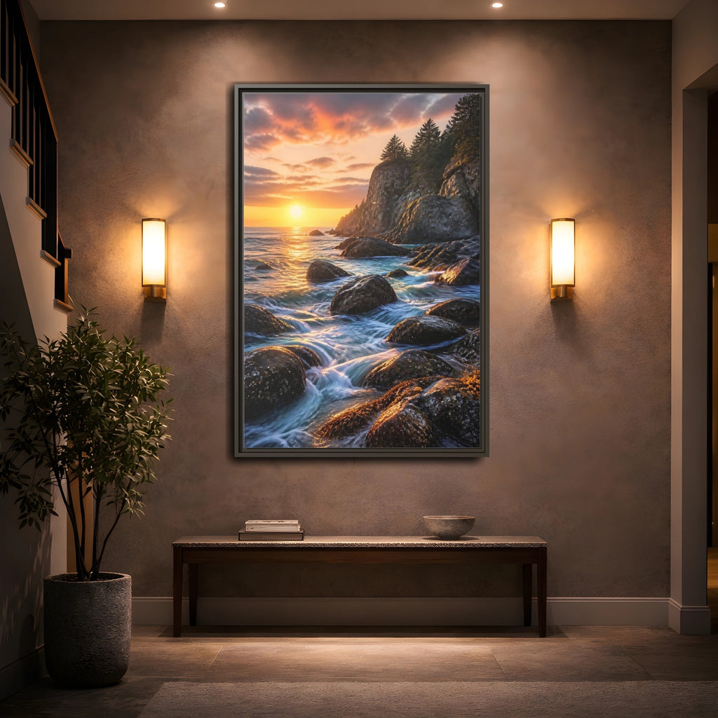 Mockup 2. Nature Coastal Sunset Orange Blue Sunset shown as stretched canvas wall art