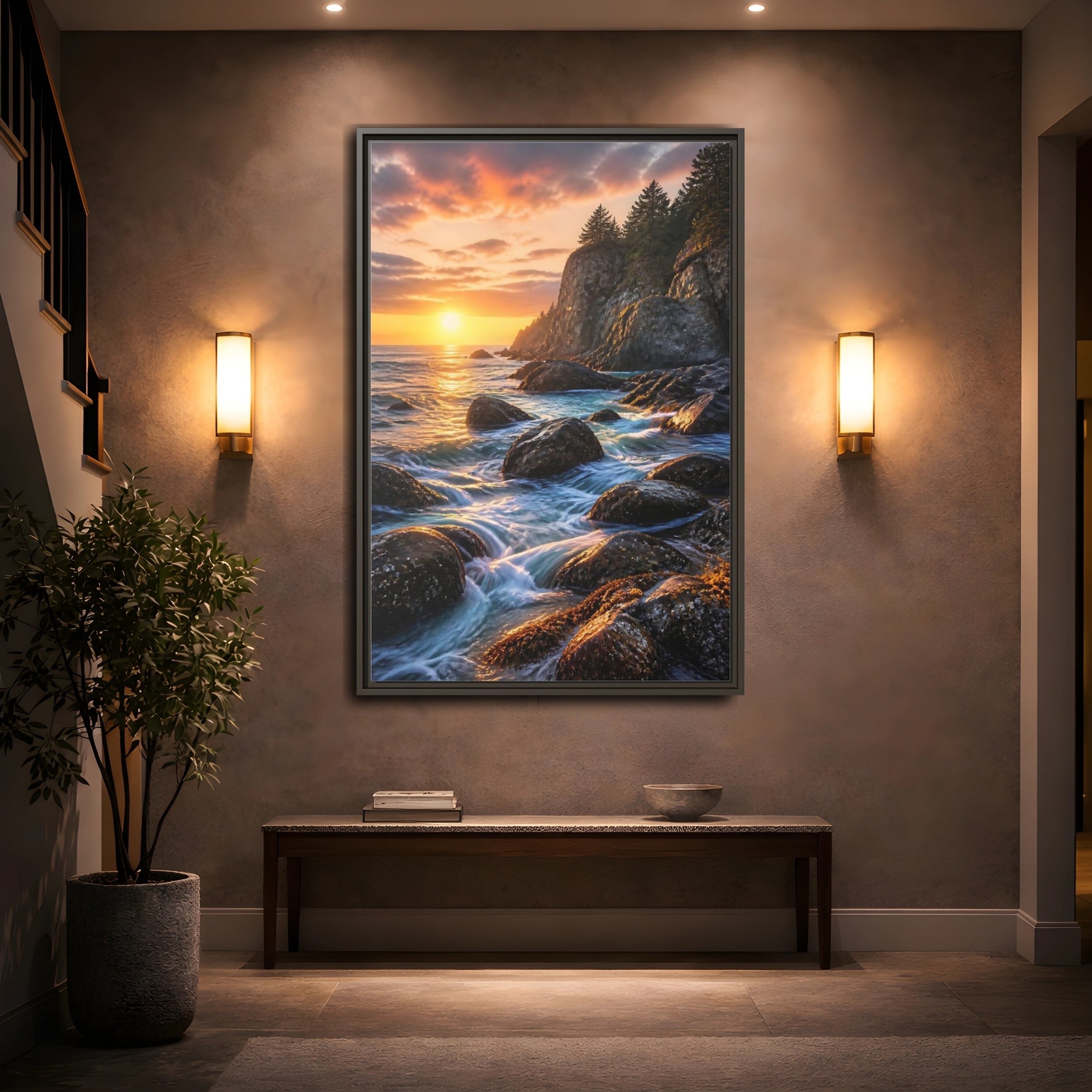 Mockup 2. Nature Coastal Sunset Orange Blue Sunset shown as stretched canvas wall art