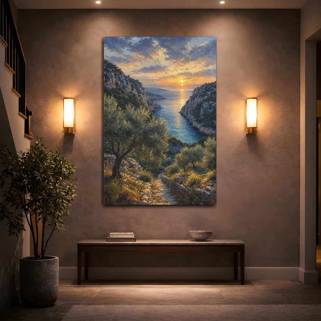 Mockup 2. Nature Coastal Sunset Orange Blue Sunset shown as stretched canvas wall art