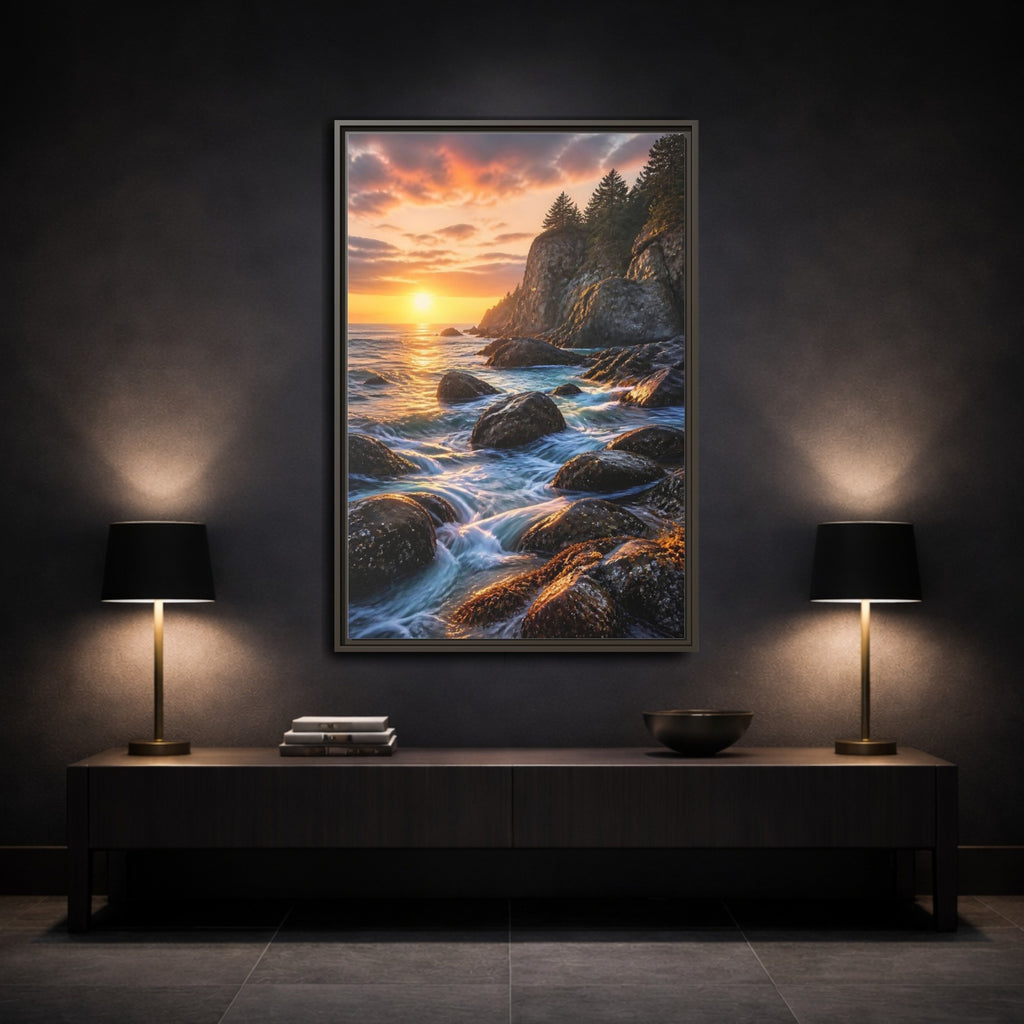 Mockup 3. Nature Coastal Sunset Orange Blue Sunset shown as stretched canvas wall art