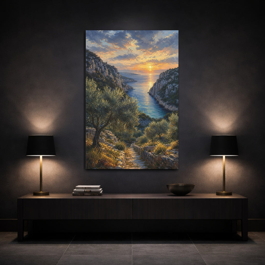 Mockup 3. Nature Coastal Sunset Orange Blue Sunset shown as stretched canvas wall art
