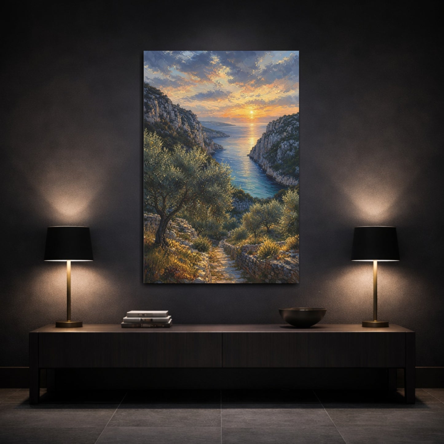 Mockup 3. Nature Coastal Sunset Orange Blue Sunset shown as stretched canvas wall art
