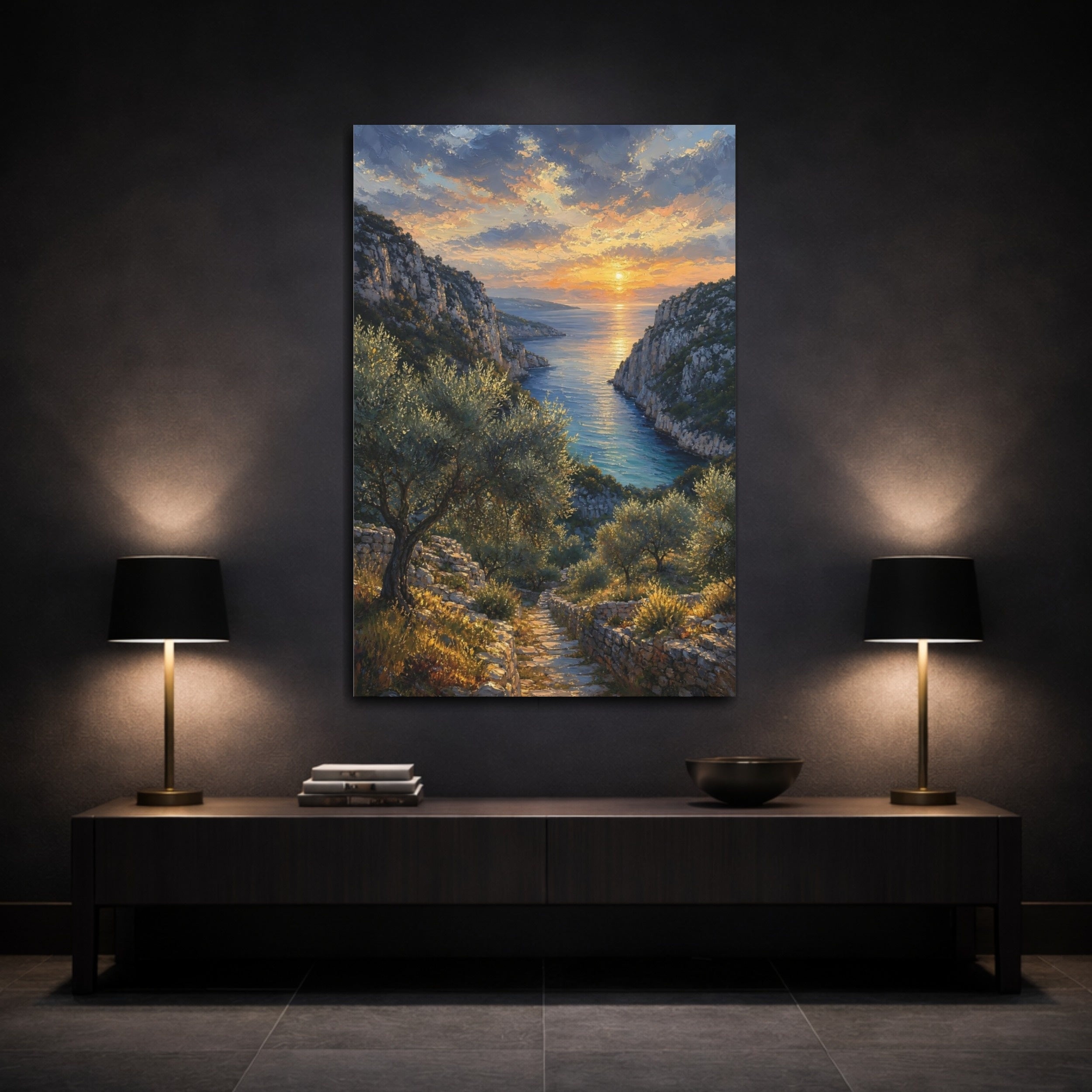 Mockup 3. Nature Coastal Sunset Orange Blue Sunset shown as stretched canvas wall art
