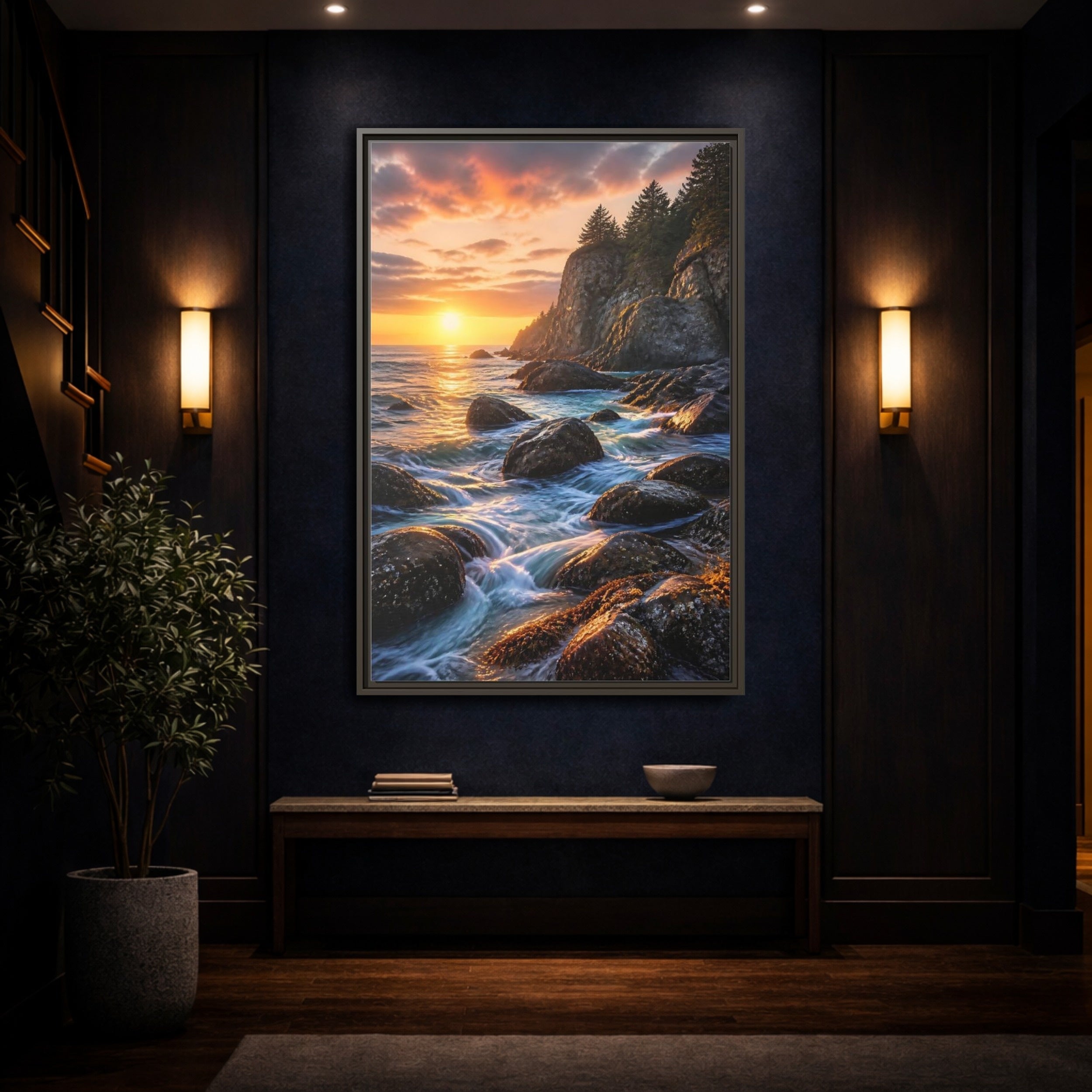 Mockup 4. Nature Coastal Sunset Orange Blue Sunset shown as stretched canvas wall art