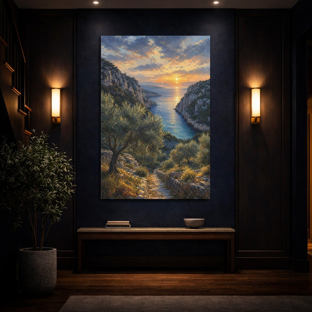 Mockup 4. Nature Coastal Sunset Orange Blue Sunset shown as stretched canvas wall art