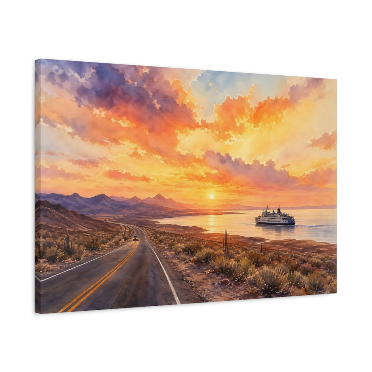 Side Mockup 2. Nature Coastal Sunset Orange Desert Sunset shown as stretched canvas wall art