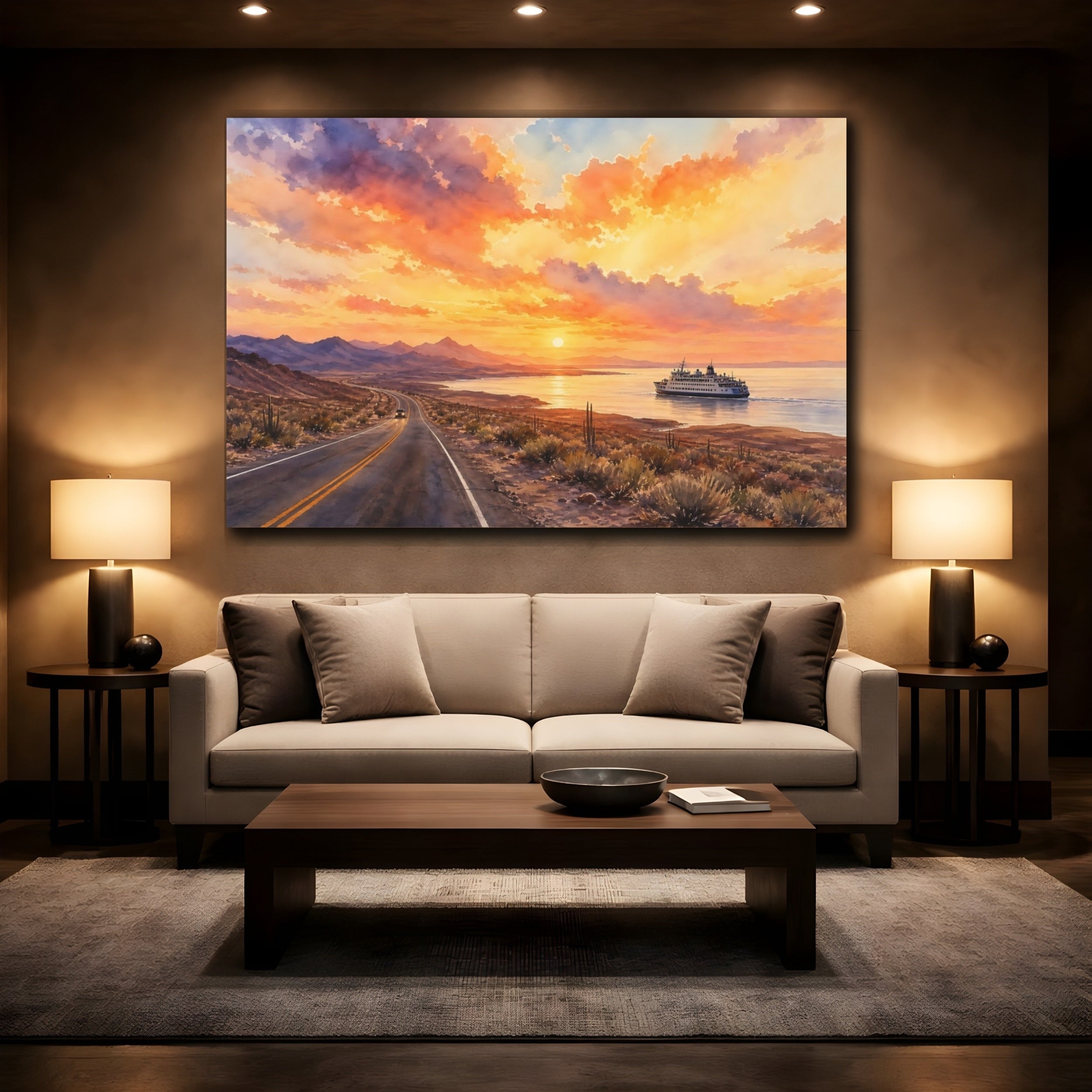 Mockup 2. Nature Coastal Sunset Orange Desert Sunset shown as stretched canvas wall art
