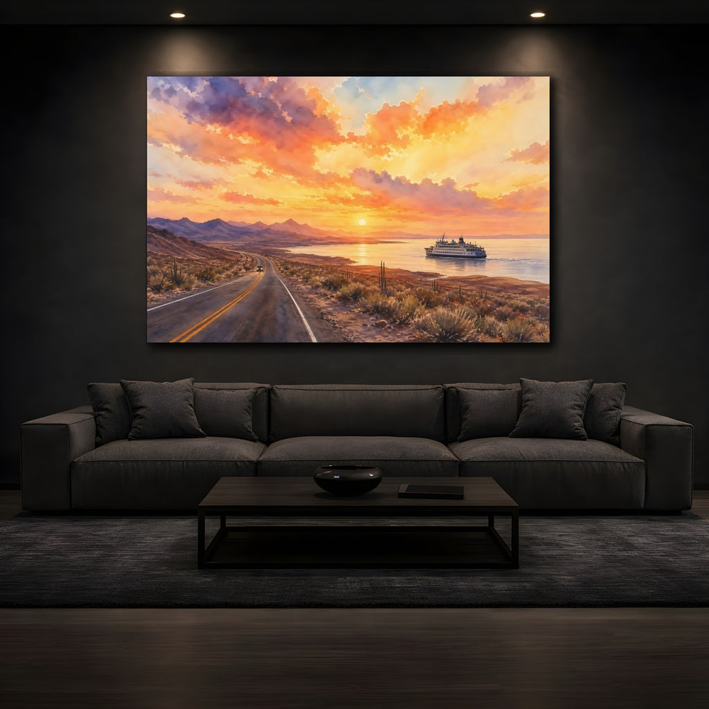 Mockup 3. Nature Coastal Sunset Orange Desert Sunset shown as stretched canvas wall art