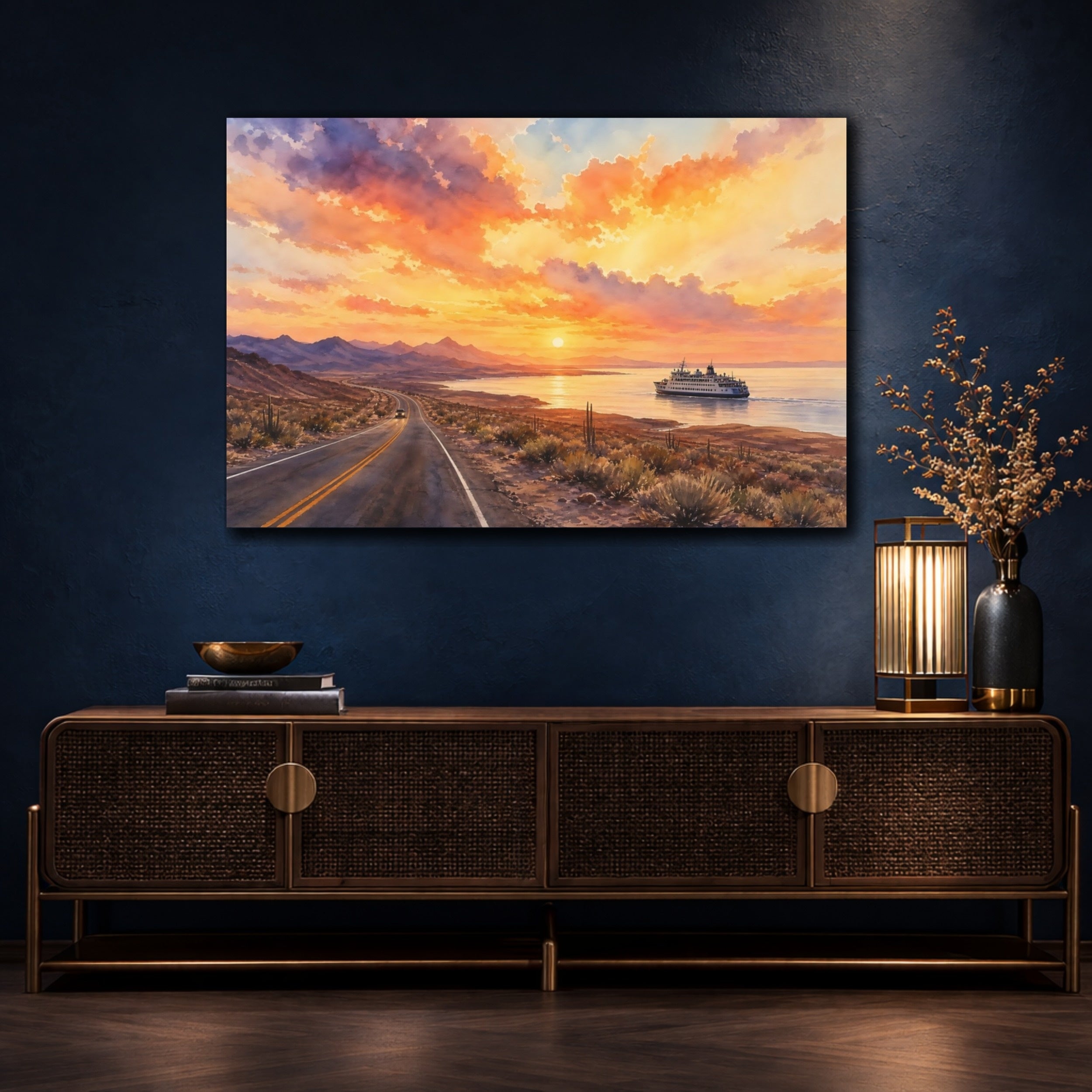 Mockup 4. Nature Coastal Sunset Orange Desert Sunset shown as stretched canvas wall art