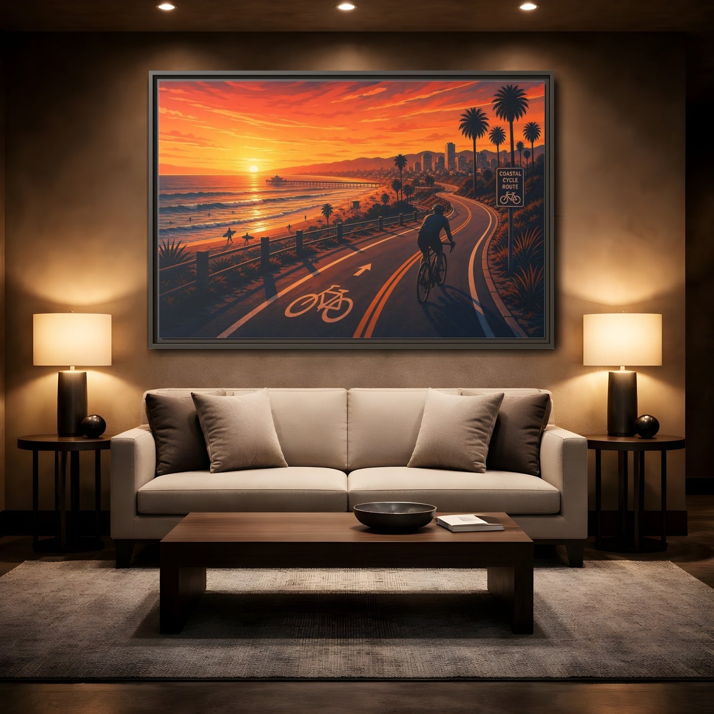 Mockup 2. Nature Coastal Sunset Orange Sunset Coastal shown as framed canvas print