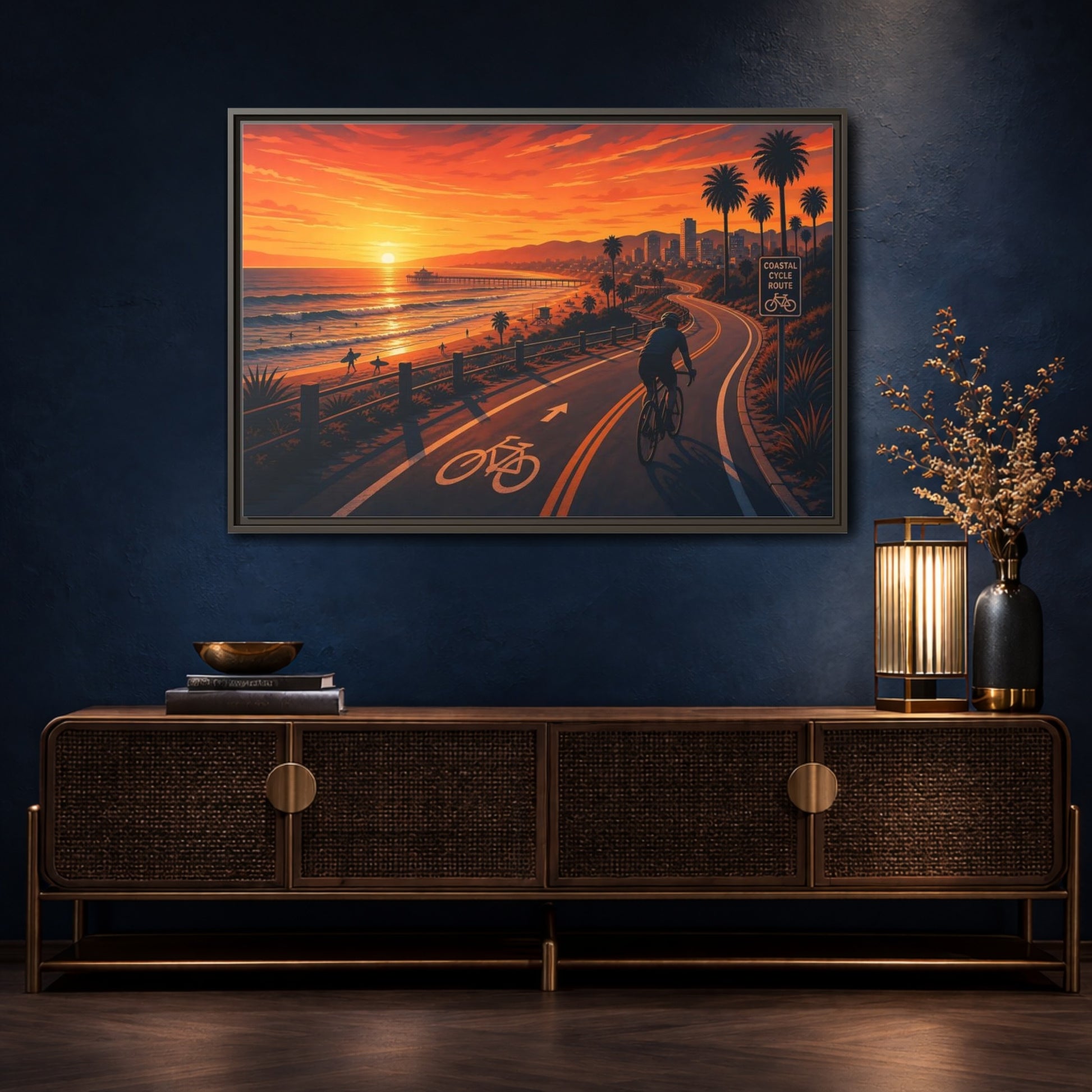 Mockup 4. Nature Coastal Sunset Orange Sunset Coastal shown as framed canvas print