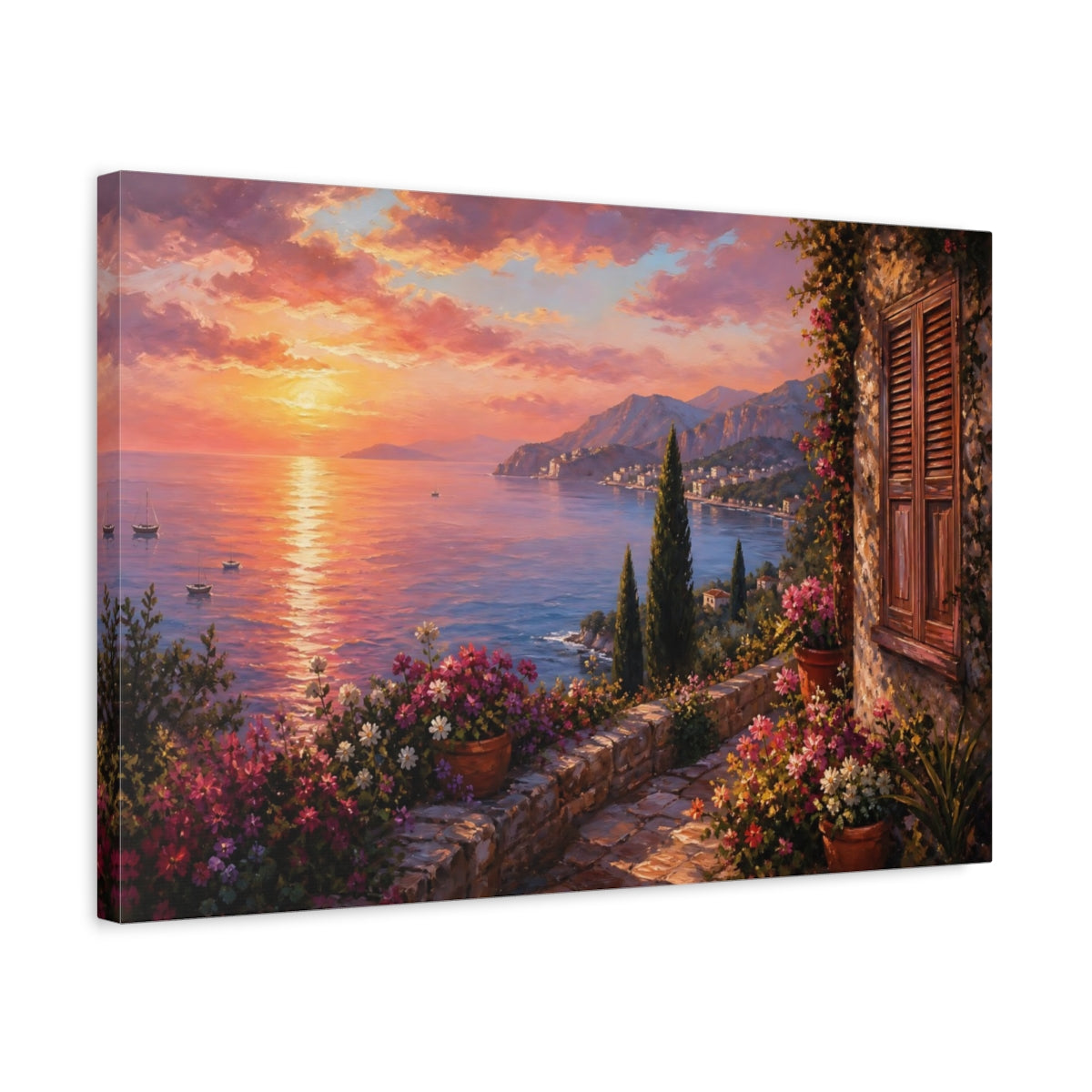 Side Mockup 3. Nature Coastal Sunset Sunset Seascape Flowers shown as stretched canvas wall art