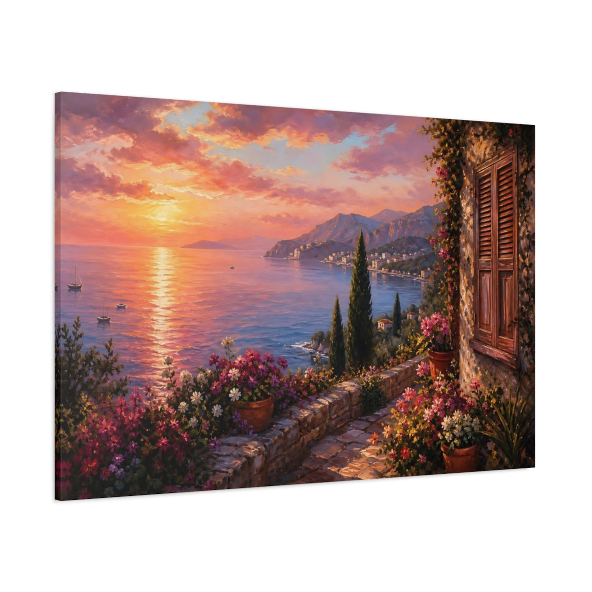 Side Mockup 1. Nature Coastal Sunset Sunset Seascape Flowers shown as stretched canvas wall art