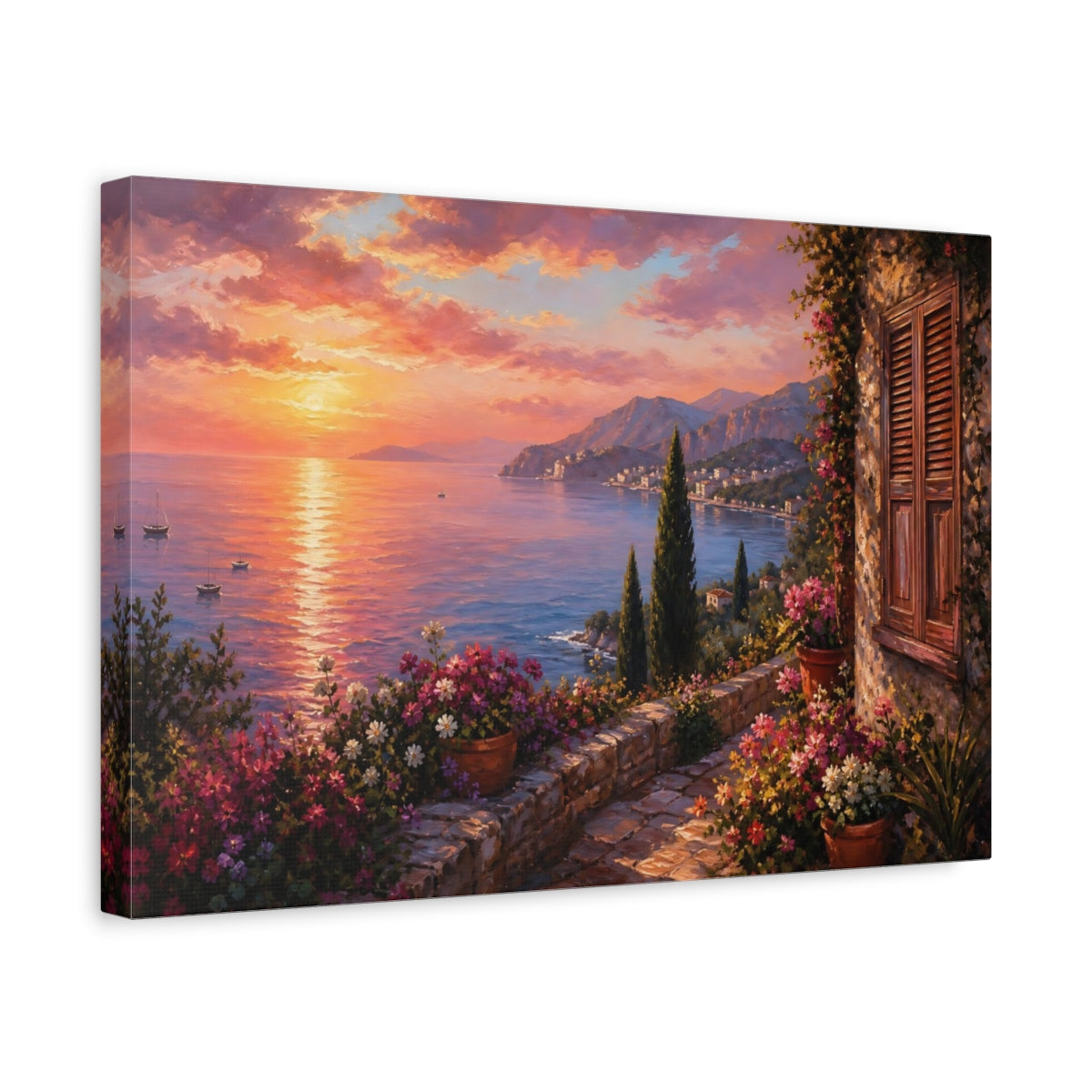Side Mockup 4. Nature Coastal Sunset Sunset Seascape Flowers shown as stretched canvas wall art