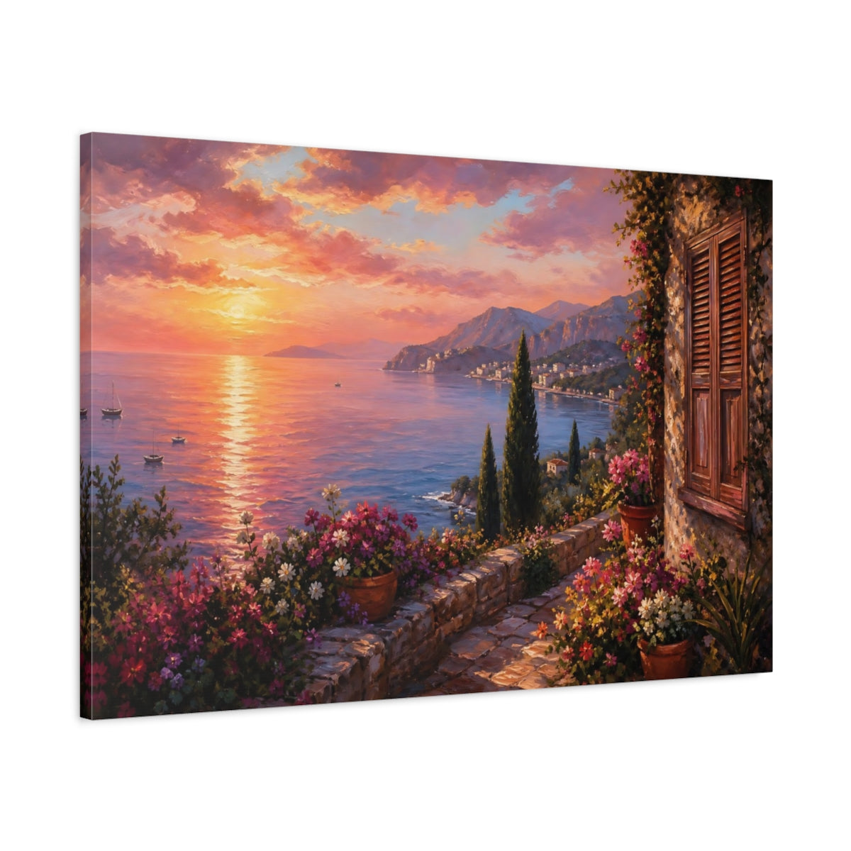 Main Mockup. Nature Coastal Sunset Sunset Seascape Flowers shown as stretched canvas wall art