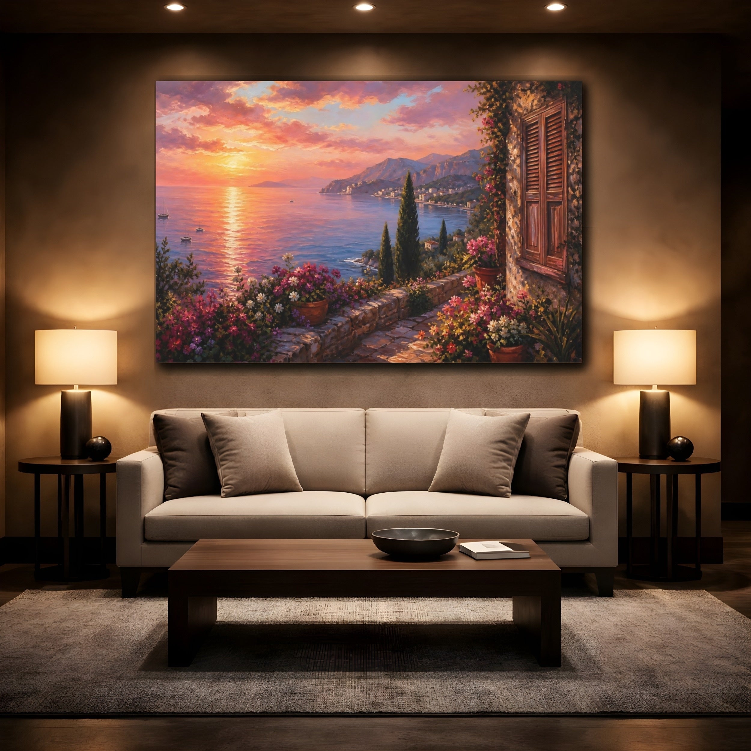 Mockup 2. Nature Coastal Sunset Sunset Seascape Flowers shown as stretched canvas wall art